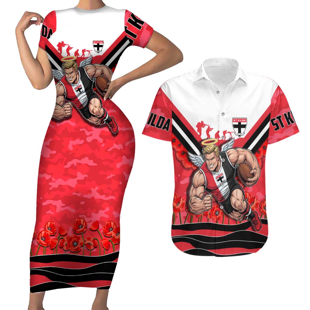 Personalised St Kilda Saints ANZAC Couples Matching Short Sleeve Bodycon Dress and Hawaiian Shirt Military Remembrance Australian Football Mascot Camouflage