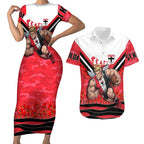 Personalised St Kilda Saints ANZAC Couples Matching Short Sleeve Bodycon Dress and Hawaiian Shirt Military Remembrance Australian Football Mascot Camouflage