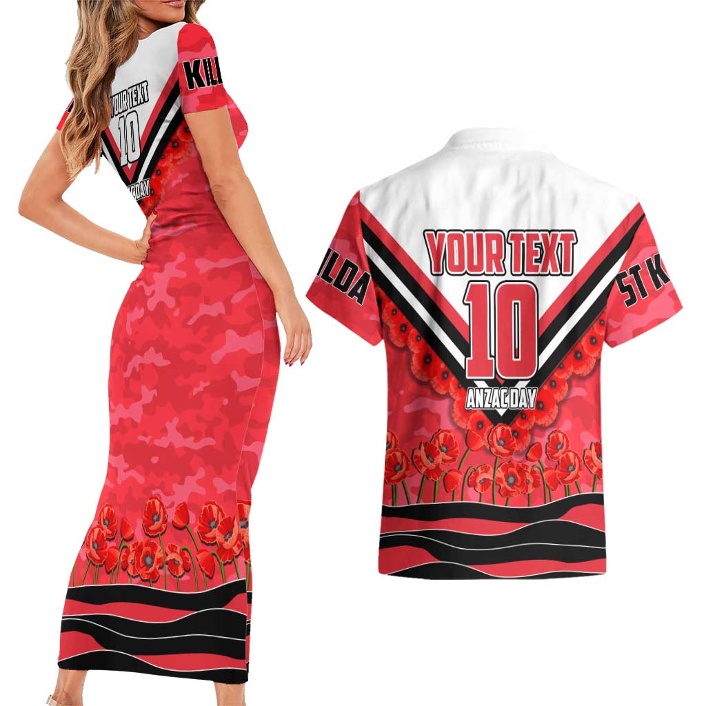Personalised St Kilda Saints ANZAC Couples Matching Short Sleeve Bodycon Dress and Hawaiian Shirt Military Remembrance Australian Football Mascot Camouflage