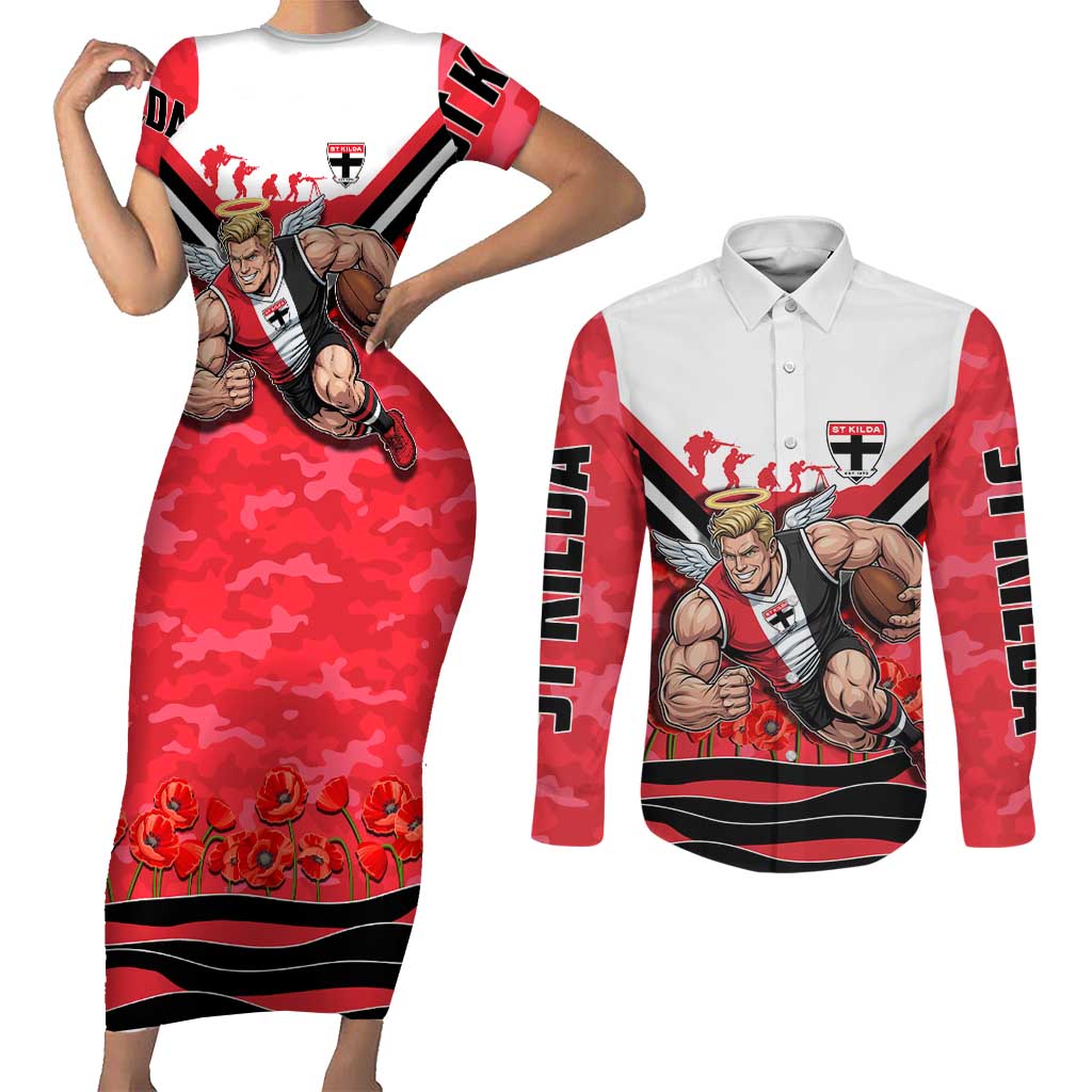 Personalised St Kilda Saints ANZAC Couples Matching Short Sleeve Bodycon Dress and Long Sleeve Button Shirt Military Remembrance Australian Football Mascot Camouflage