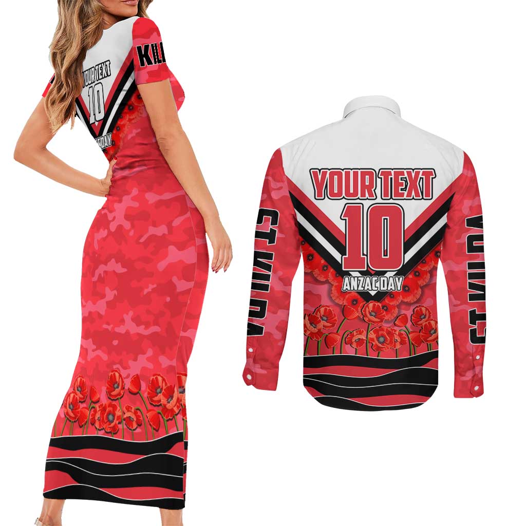 Personalised St Kilda Saints ANZAC Couples Matching Short Sleeve Bodycon Dress and Long Sleeve Button Shirt Military Remembrance Australian Football Mascot Camouflage