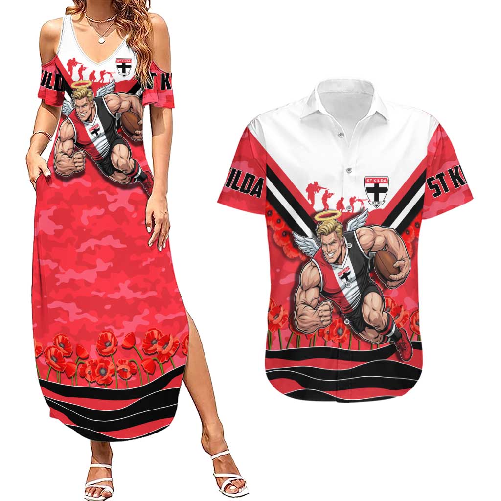 Personalised St Kilda Saints ANZAC Couples Matching Summer Maxi Dress and Hawaiian Shirt Military Remembrance Australian Football Mascot Camouflage