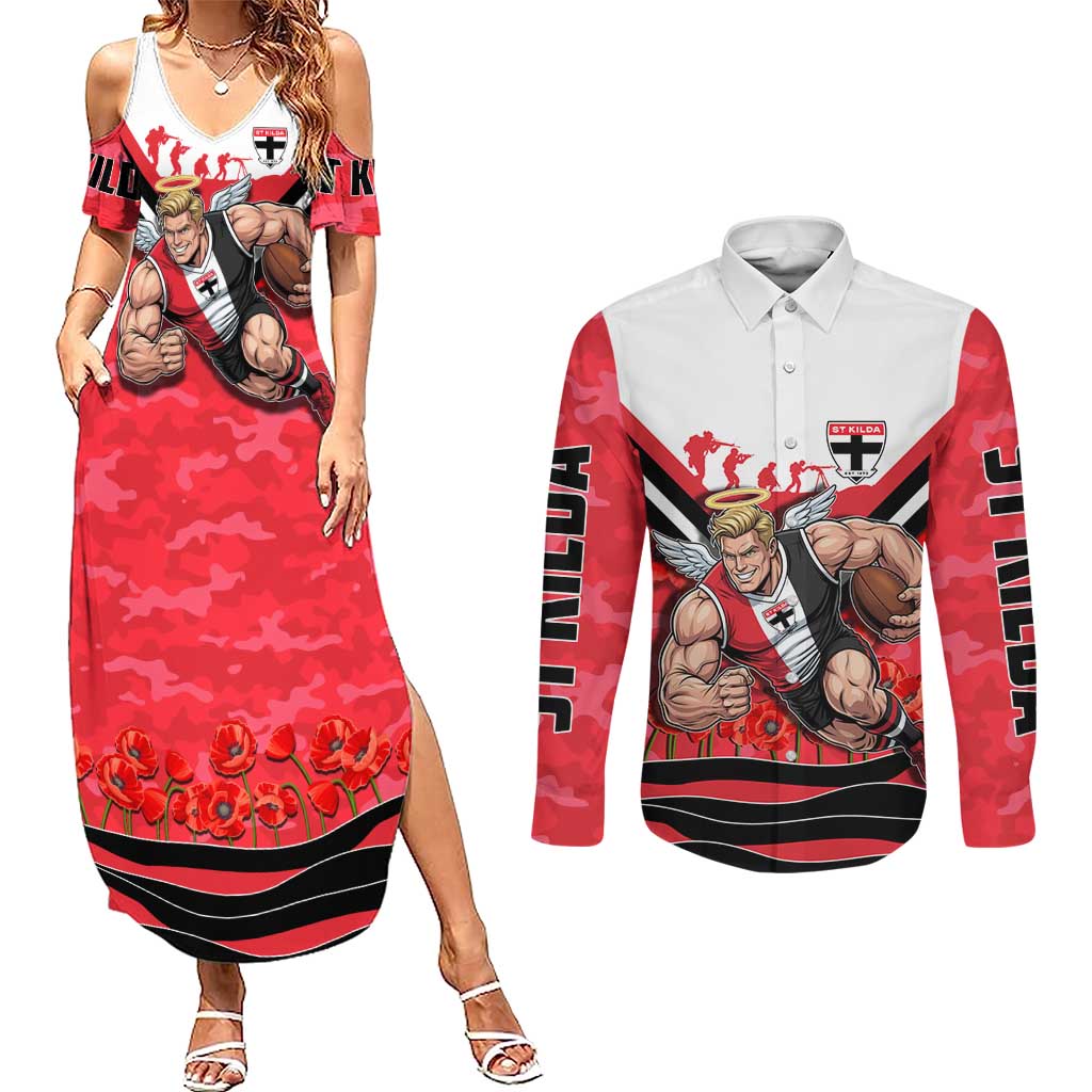 Personalised St Kilda Saints ANZAC Couples Matching Summer Maxi Dress and Long Sleeve Button Shirt Military Remembrance Australian Football Mascot Camouflage