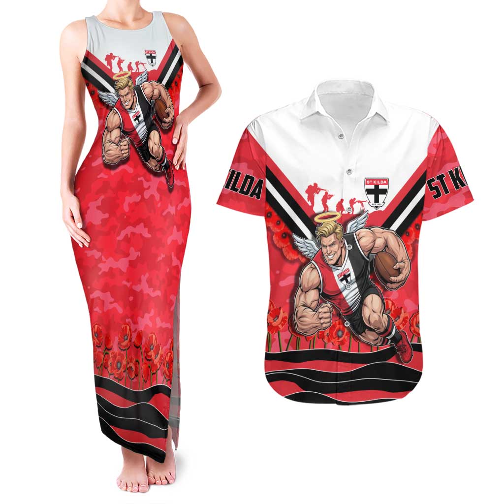 Personalised St Kilda Saints ANZAC Couples Matching Tank Maxi Dress and Hawaiian Shirt Military Remembrance Australian Football Mascot Camouflage