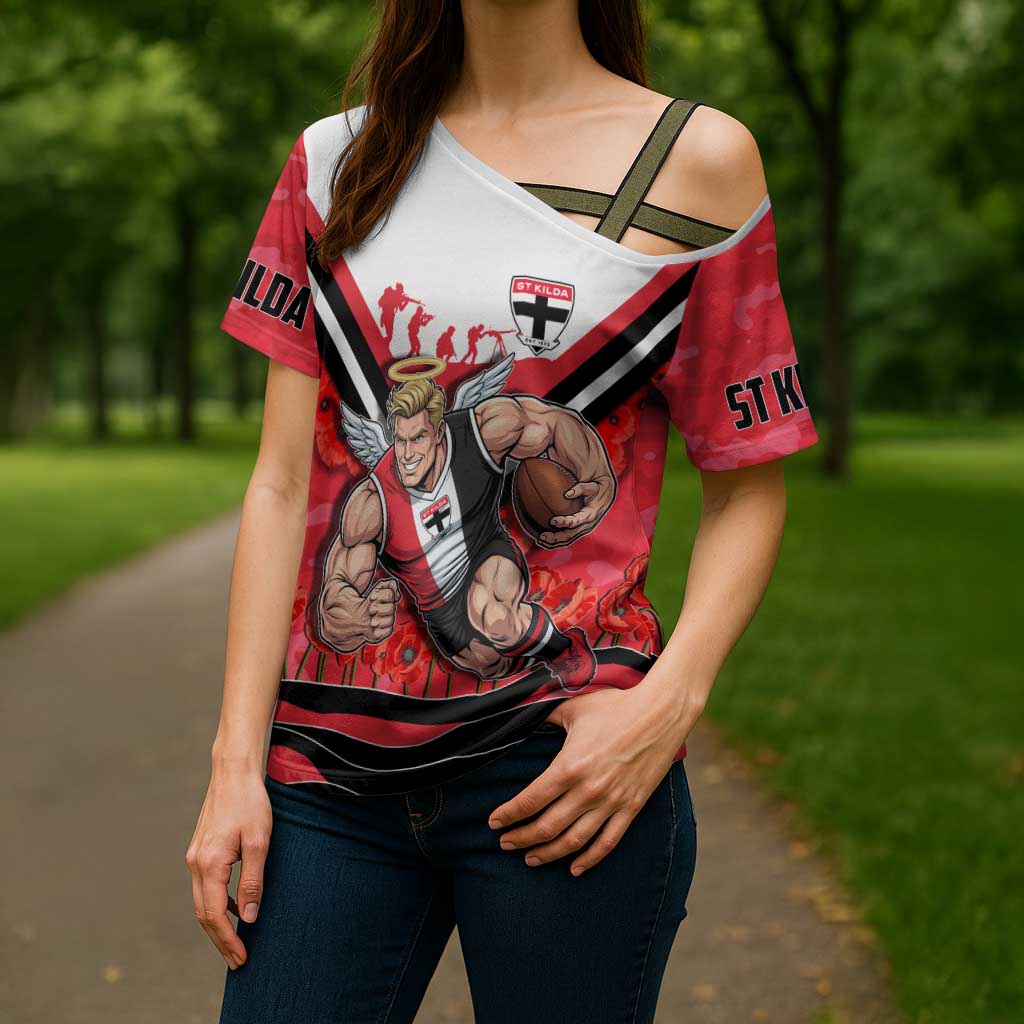 Personalised St Kilda Saints ANZAC Cross Shoulder Shirt Military Remembrance Australian Football Mascot Camouflage