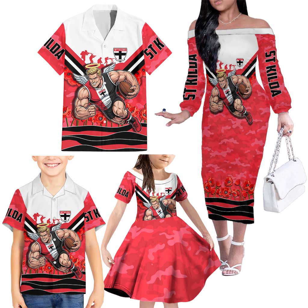 Personalised St Kilda Saints ANZAC Family Matching Off The Shoulder Long Sleeve Dress and Hawaiian Shirt Military Remembrance Australian Football Mascot Camouflage