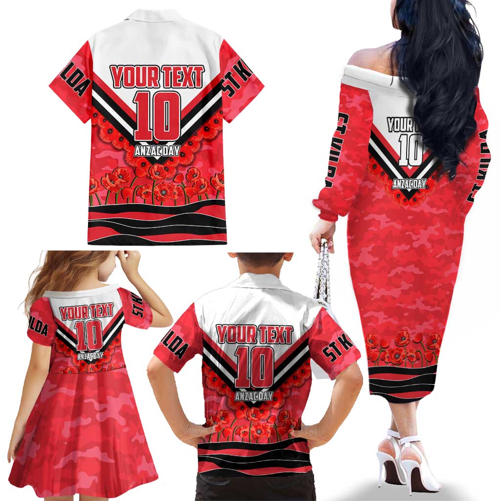 Personalised St Kilda Saints ANZAC Family Matching Off The Shoulder Long Sleeve Dress and Hawaiian Shirt Military Remembrance Australian Football Mascot Camouflage