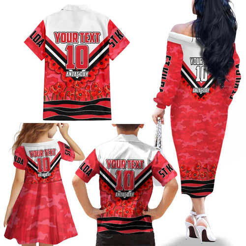 Personalised St Kilda Saints ANZAC Family Matching Off The Shoulder Long Sleeve Dress and Hawaiian Shirt Military Remembrance Australian Football Mascot Camouflage