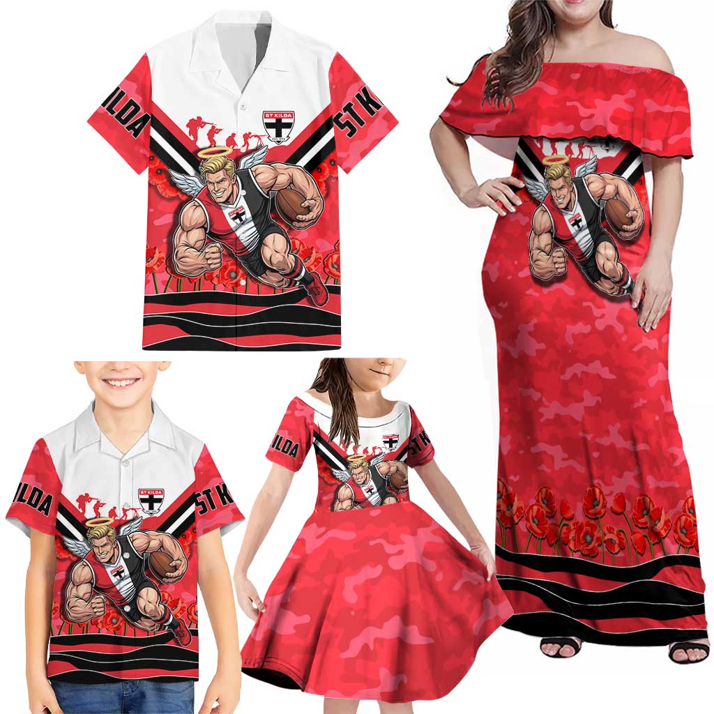 Personalised St Kilda Saints ANZAC Family Matching Off Shoulder Maxi Dress and Hawaiian Shirt Military Remembrance Australian Football Mascot Camouflage