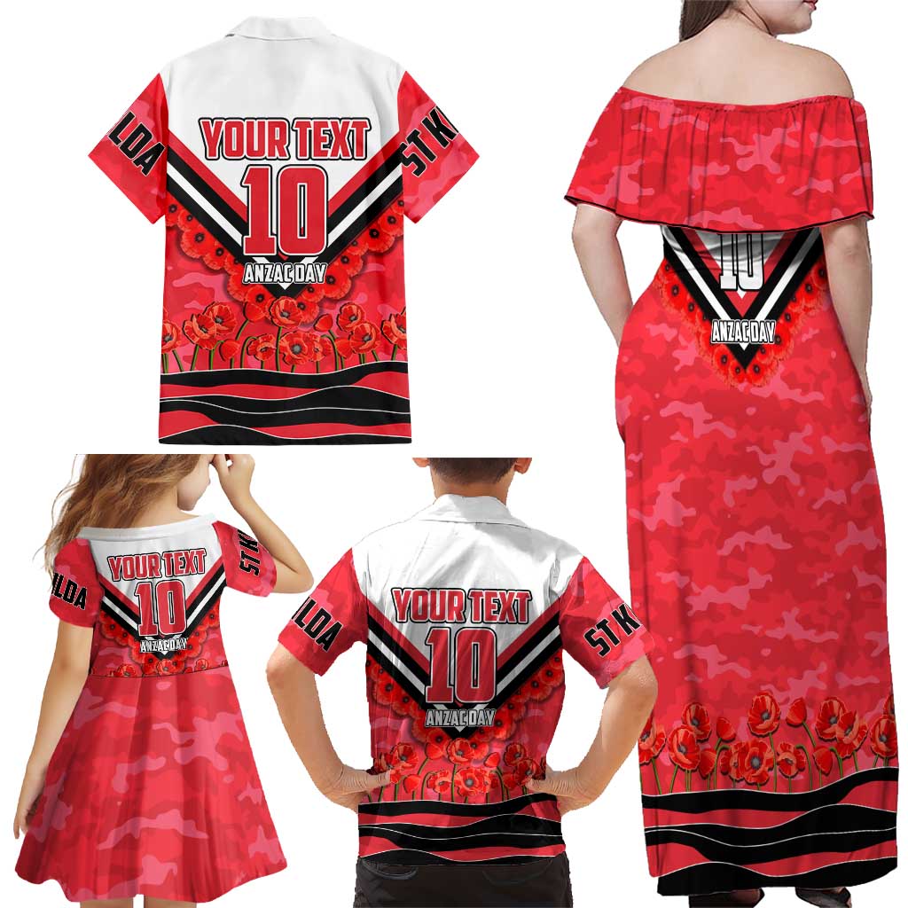 Personalised St Kilda Saints ANZAC Family Matching Off Shoulder Maxi Dress and Hawaiian Shirt Military Remembrance Australian Football Mascot Camouflage