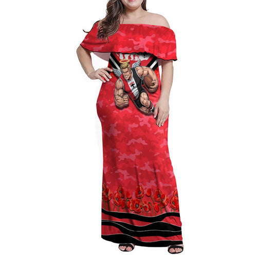 Personalised St Kilda Saints ANZAC Family Matching Off Shoulder Maxi Dress and Hawaiian Shirt Military Remembrance Australian Football Mascot Camouflage