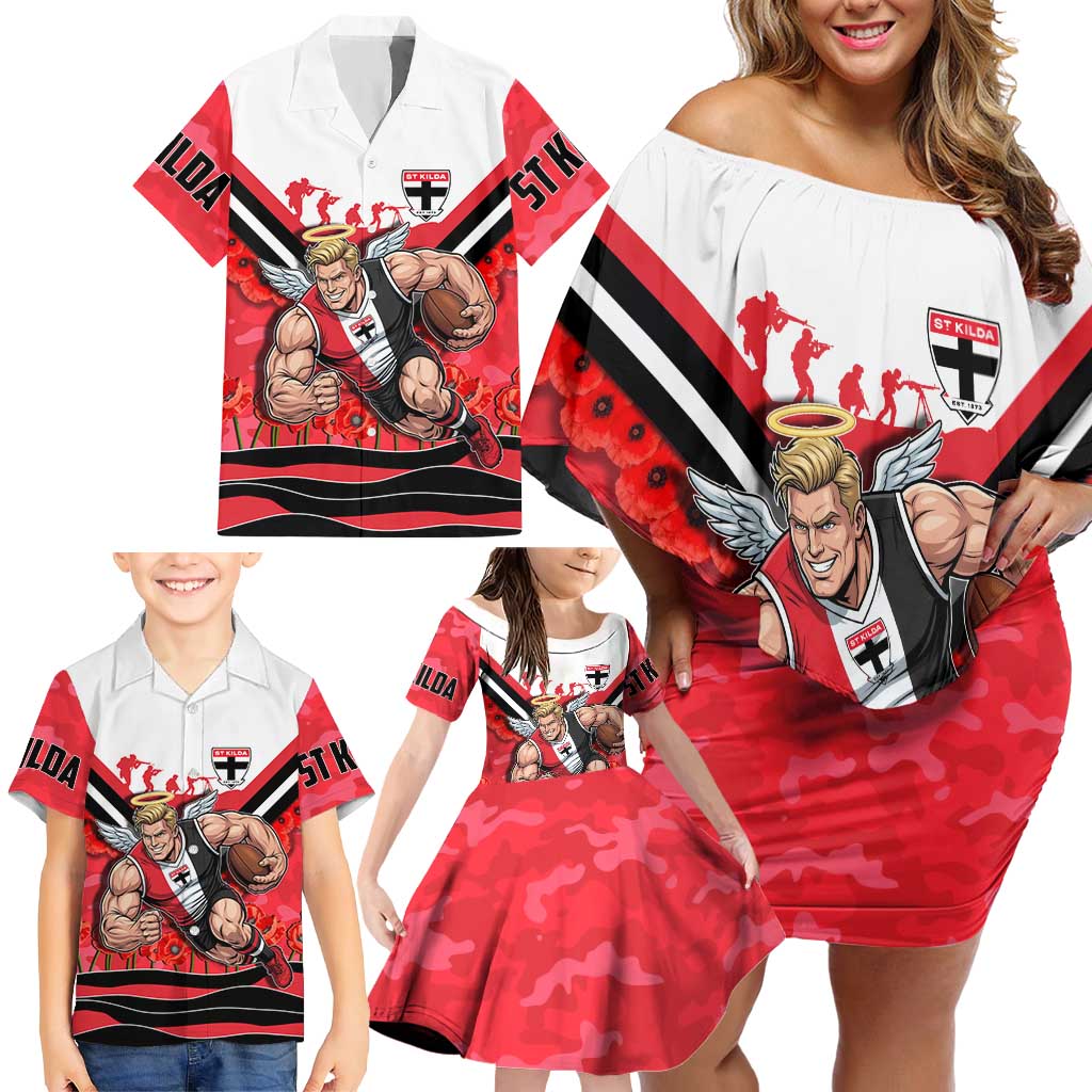 Personalised St Kilda Saints ANZAC Family Matching Off Shoulder Short Dress and Hawaiian Shirt Military Remembrance Australian Football Mascot Camouflage