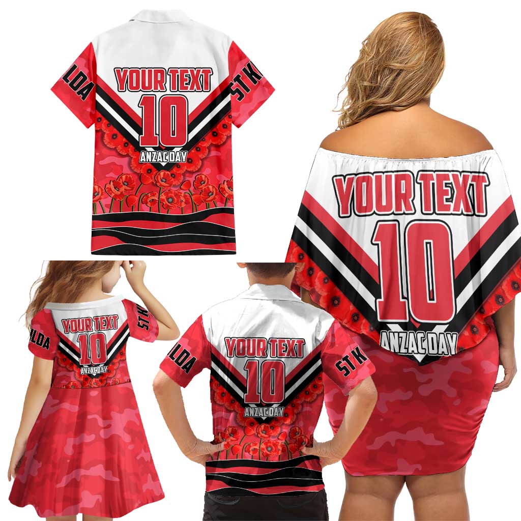 Personalised St Kilda Saints ANZAC Family Matching Off Shoulder Short Dress and Hawaiian Shirt Military Remembrance Australian Football Mascot Camouflage