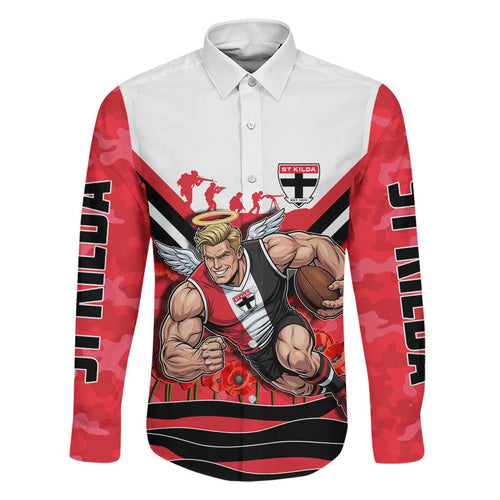 Personalised St Kilda Saints ANZAC Family Matching Off Shoulder Short Dress and Hawaiian Shirt Military Remembrance Australian Football Mascot Camouflage