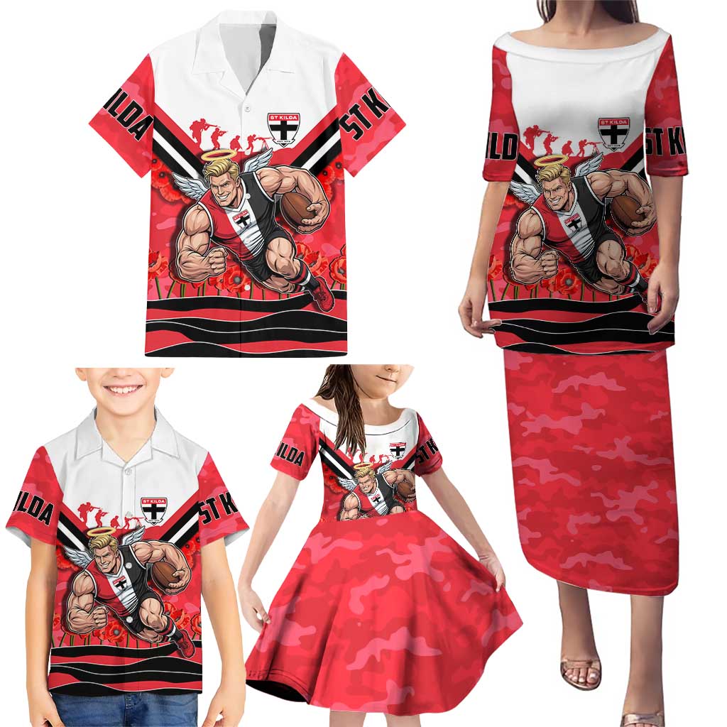 Personalised St Kilda Saints ANZAC Family Matching Puletasi and Hawaiian Shirt Military Remembrance Australian Football Mascot Camouflage