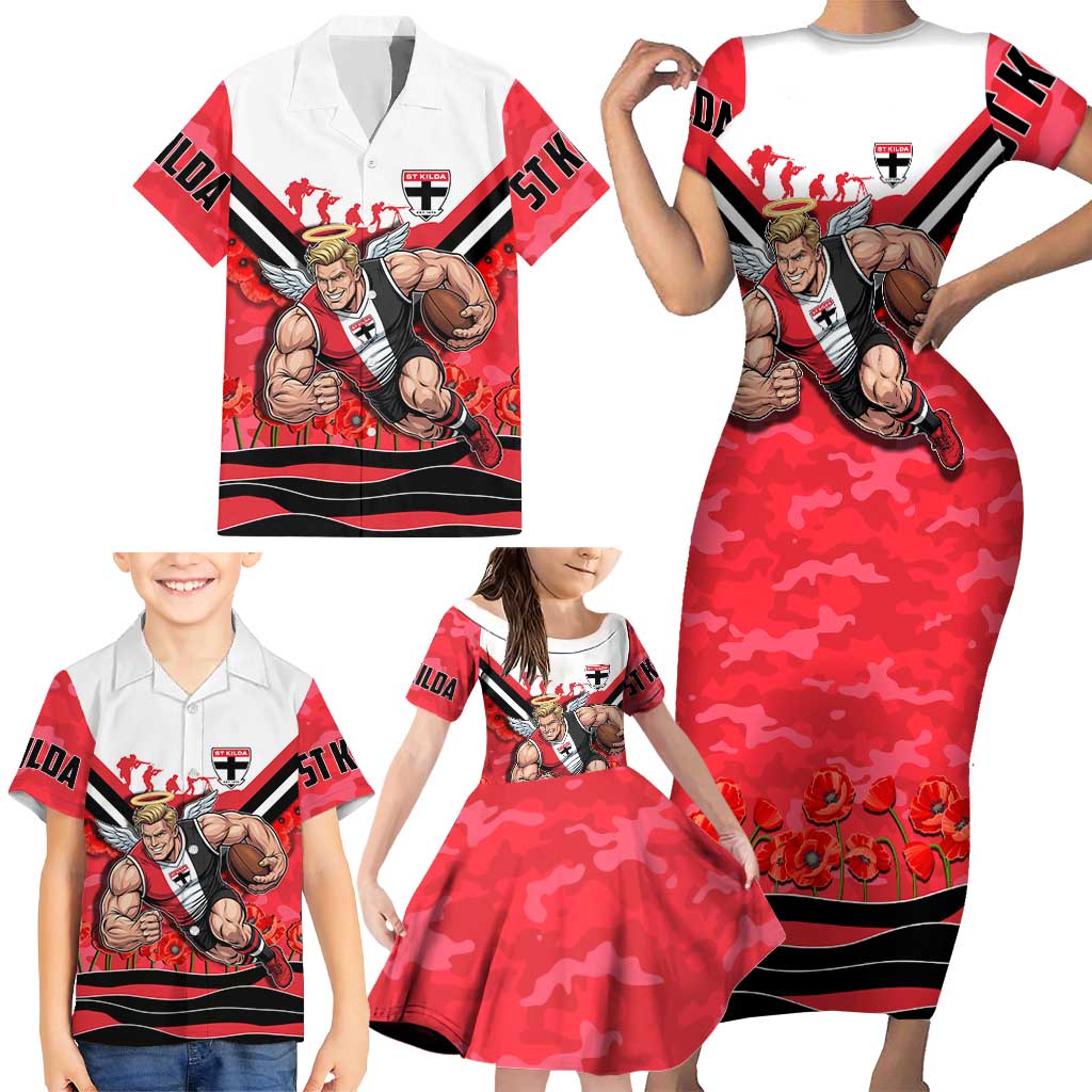 Personalised St Kilda Saints ANZAC Family Matching Short Sleeve Bodycon Dress and Hawaiian Shirt Military Remembrance Australian Football Mascot Camouflage