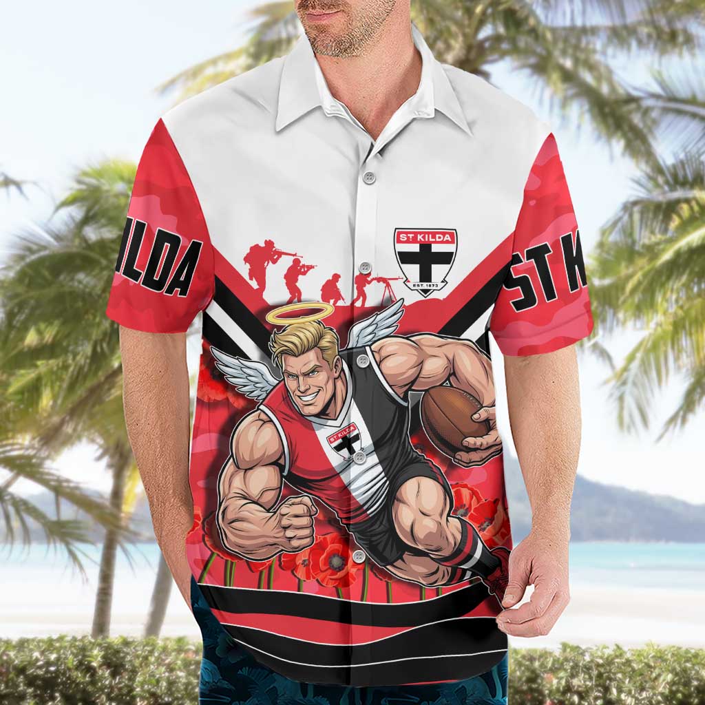 Personalised St Kilda Saints ANZAC Hawaiian Shirt Military Remembrance Australian Football Mascot Camouflage