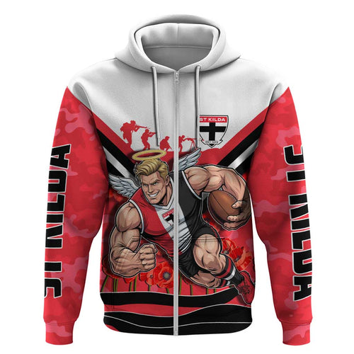 Personalised St Kilda Saints ANZAC Hoodie Military Remembrance Australian Football Mascot Camouflage