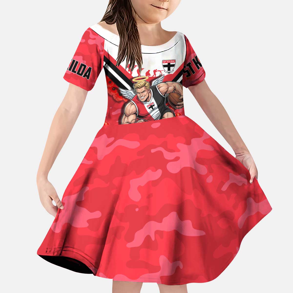 Personalised St Kilda Saints ANZAC Kid Short Sleeve Dress Military Remembrance Australian Football Mascot Camouflage