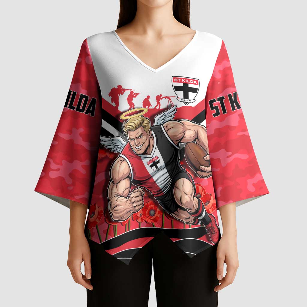 Personalised St Kilda Saints ANZAC Kimono Sleeve Blouse Military Remembrance Australian Football Mascot Camouflage