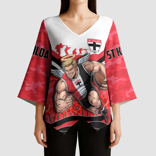 Personalised St Kilda Saints ANZAC Kimono Sleeve Blouse Military Remembrance Australian Football Mascot Camouflage