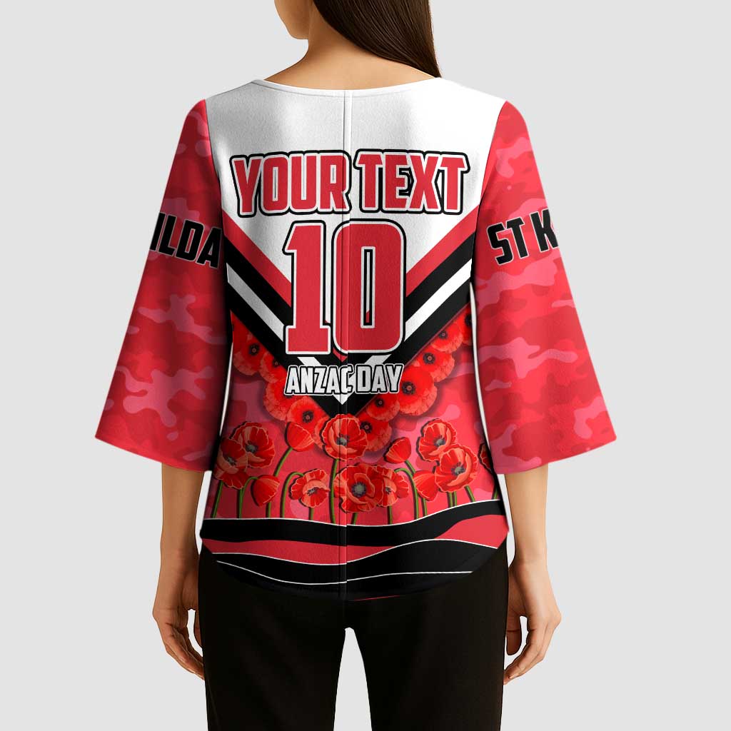 Personalised St Kilda Saints ANZAC Kimono Sleeve Blouse Military Remembrance Australian Football Mascot Camouflage
