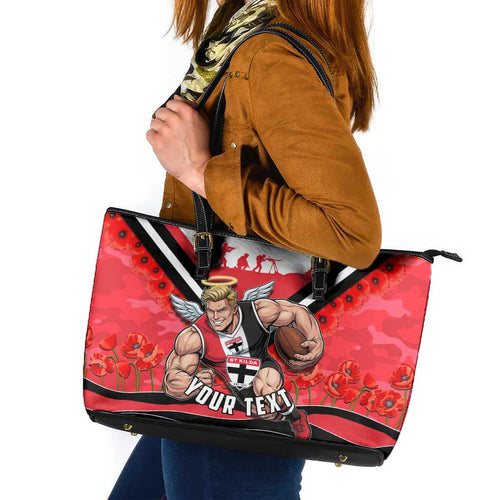 Personalised St Kilda Saints ANZAC Leather Tote Bag Military Remembrance Australian Football Mascot Camouflage