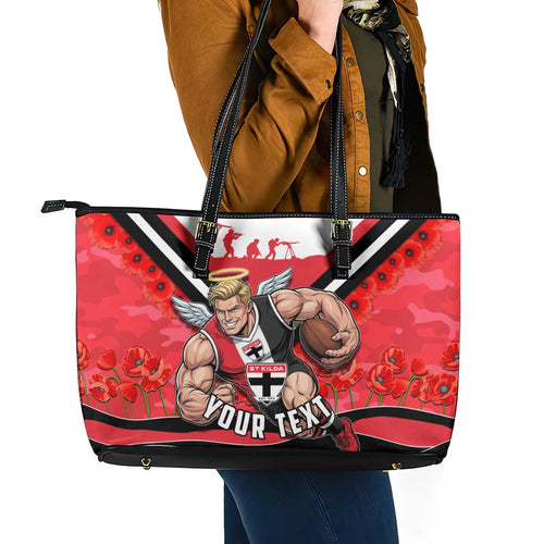 Personalised St Kilda Saints ANZAC Leather Tote Bag Military Remembrance Australian Football Mascot Camouflage