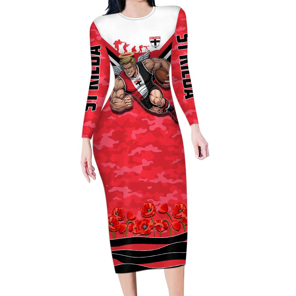 Personalised St Kilda Saints ANZAC Long Sleeve Bodycon Dress Military Remembrance Australian Football Mascot Camouflage
