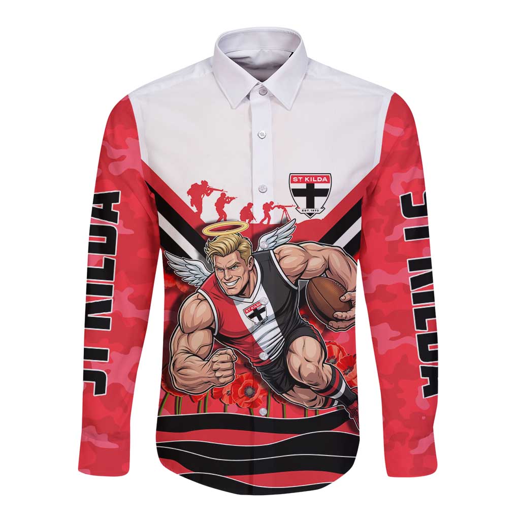 Personalised St Kilda Saints ANZAC Long Sleeve Button Shirt Military Remembrance Australian Football Mascot Camouflage