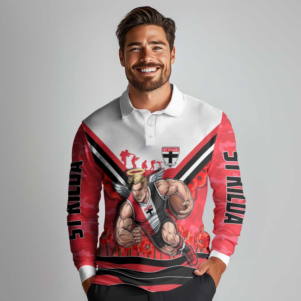 Personalised St Kilda Saints ANZAC Long Sleeve Polo Shirt Military Remembrance Australian Football Mascot Camouflage