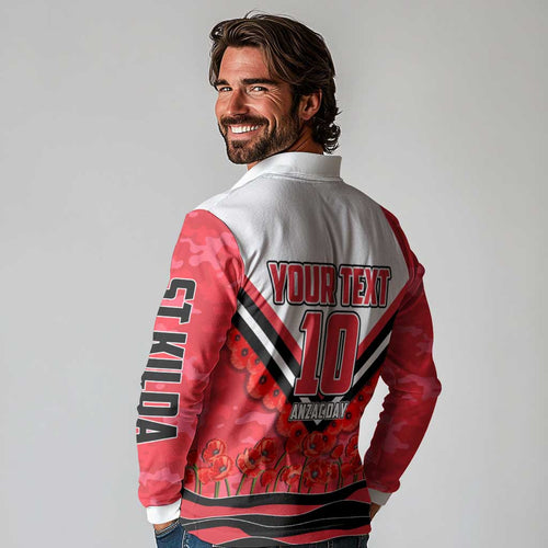 Personalised St Kilda Saints ANZAC Long Sleeve Polo Shirt Military Remembrance Australian Football Mascot Camouflage