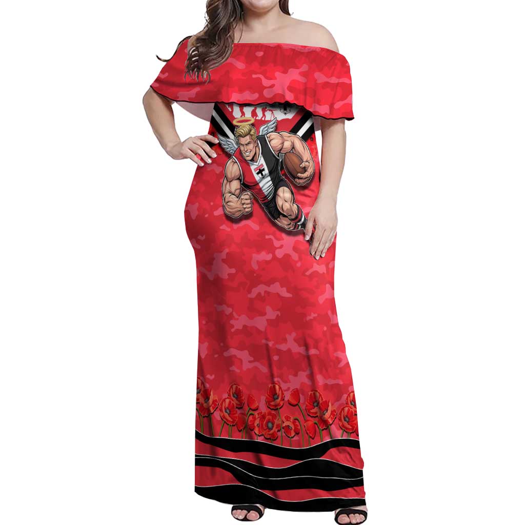 Personalised St Kilda Saints ANZAC Off Shoulder Maxi Dress Military Remembrance Australian Football Mascot Camouflage