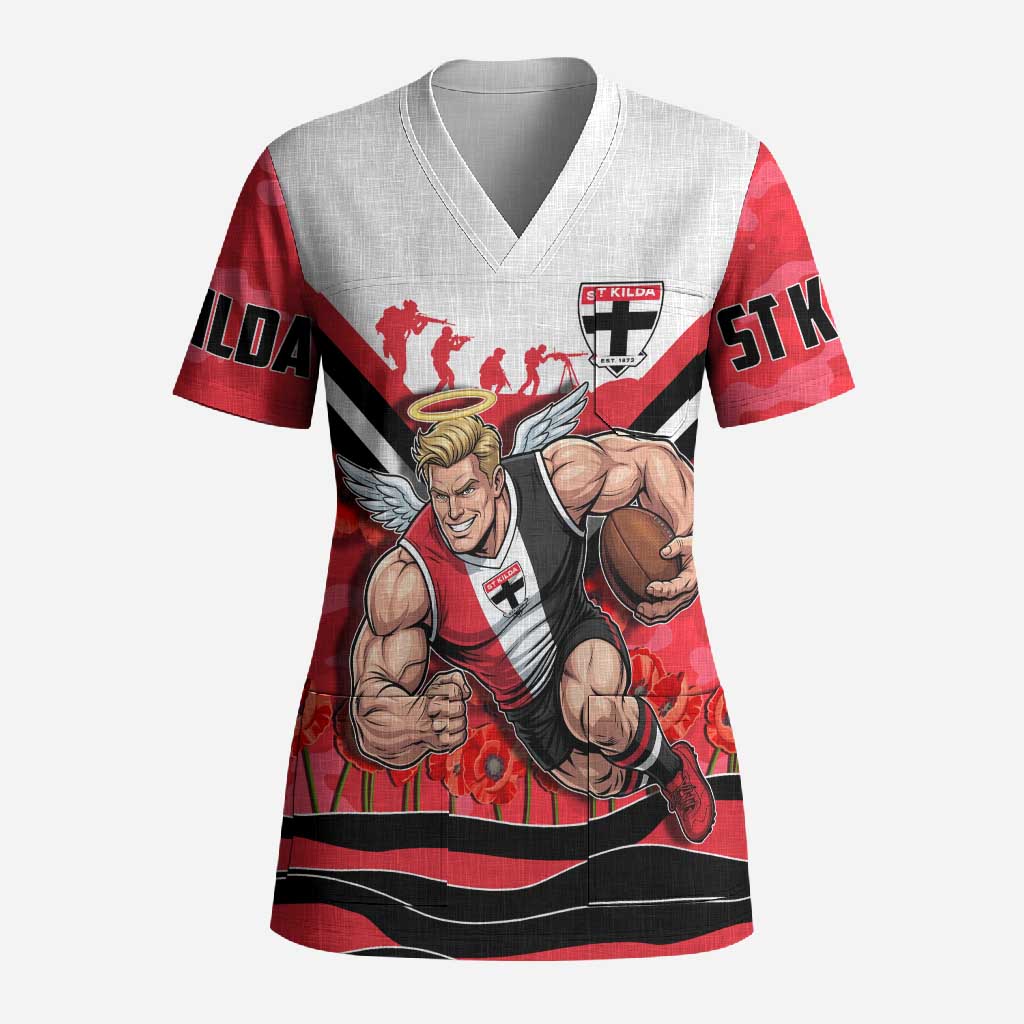 Personalised St Kilda Saints ANZAC Scrub Top Military Remembrance Australian Football Mascot Camouflage