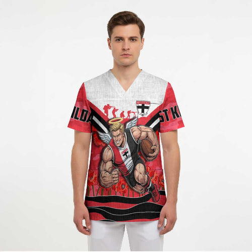 Personalised St Kilda Saints ANZAC Scrub Top Military Remembrance Australian Football Mascot Camouflage
