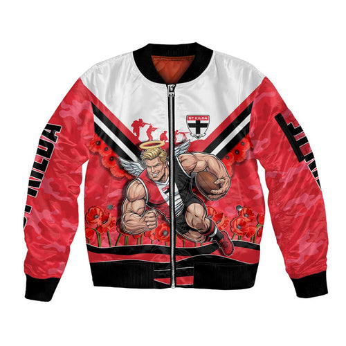 Personalised St Kilda Saints ANZAC Sleeve Zip Bomber Jacket Military Remembrance Australian Football Mascot Camouflage