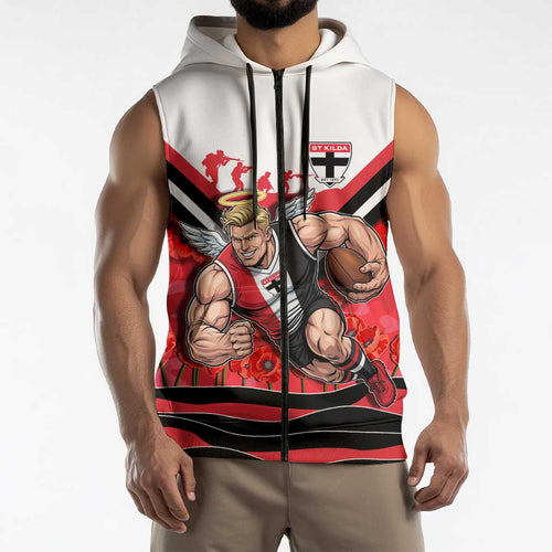 Personalised St Kilda Saints ANZAC Sleeveless Zip Hoodie Military Remembrance Australian Football Mascot Camouflage