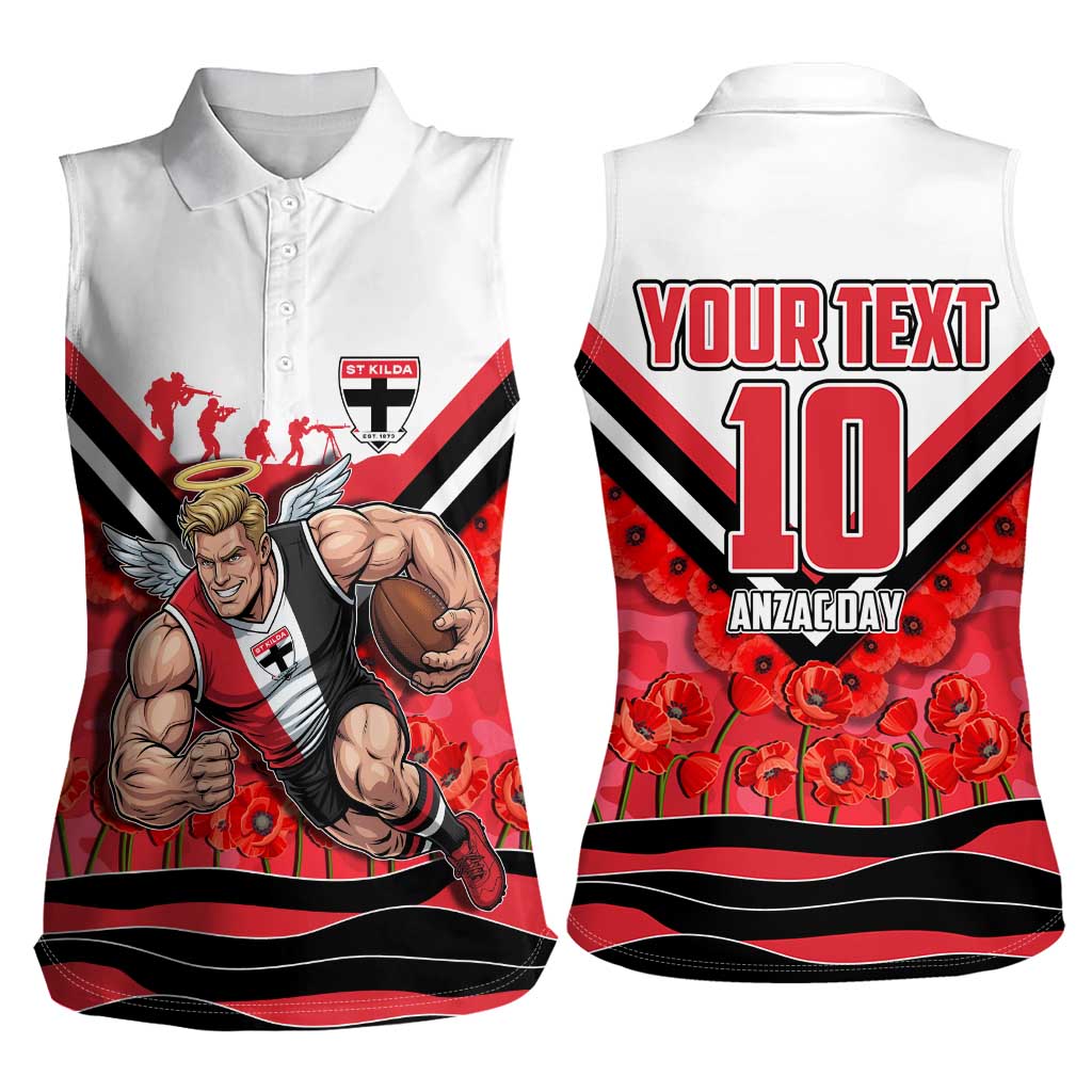 Personalised St Kilda Saints ANZAC Women Sleeveless Polo Shirt Military Remembrance Australian Football Mascot Camouflage