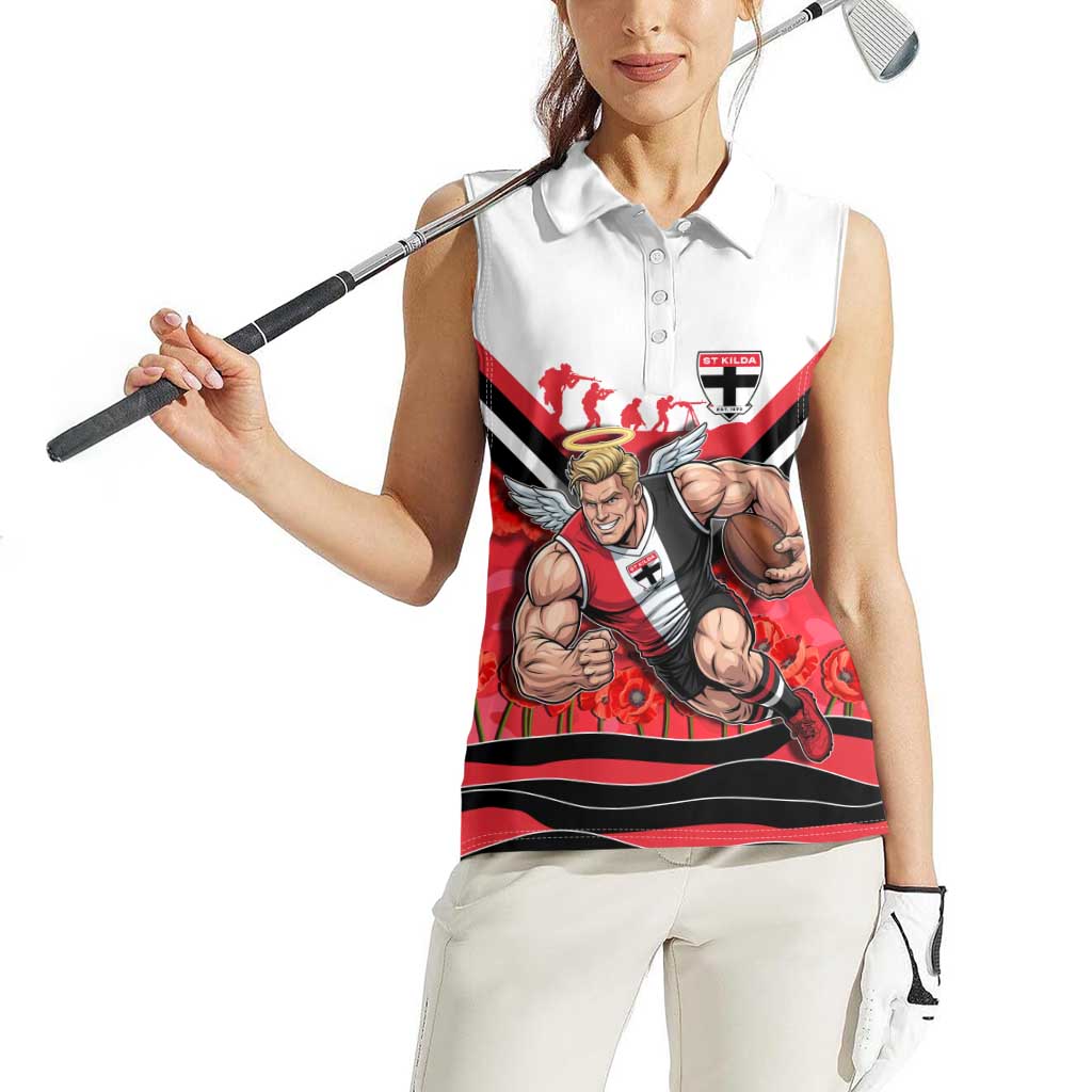 Personalised St Kilda Saints ANZAC Women Sleeveless Polo Shirt Military Remembrance Australian Football Mascot Camouflage