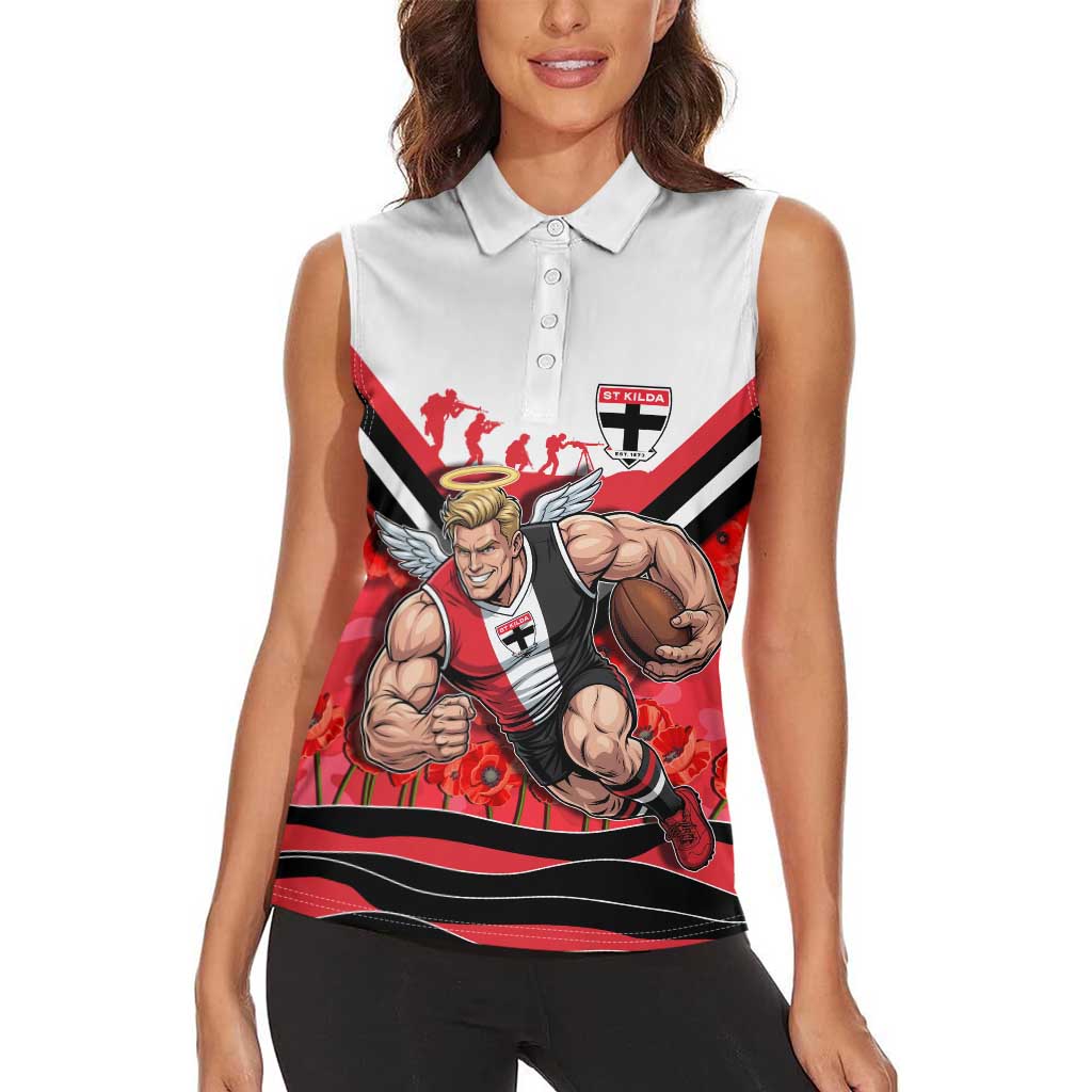 Personalised St Kilda Saints ANZAC Women Sleeveless Polo Shirt Military Remembrance Australian Football Mascot Camouflage