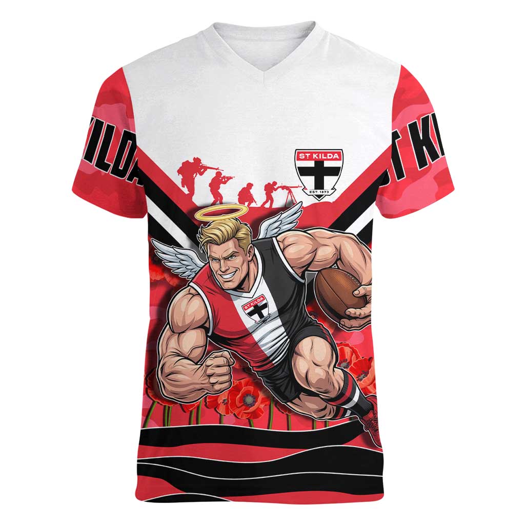 Personalised St Kilda Saints ANZAC Women V-Neck T-Shirt Military Remembrance Australian Football Mascot Camouflage