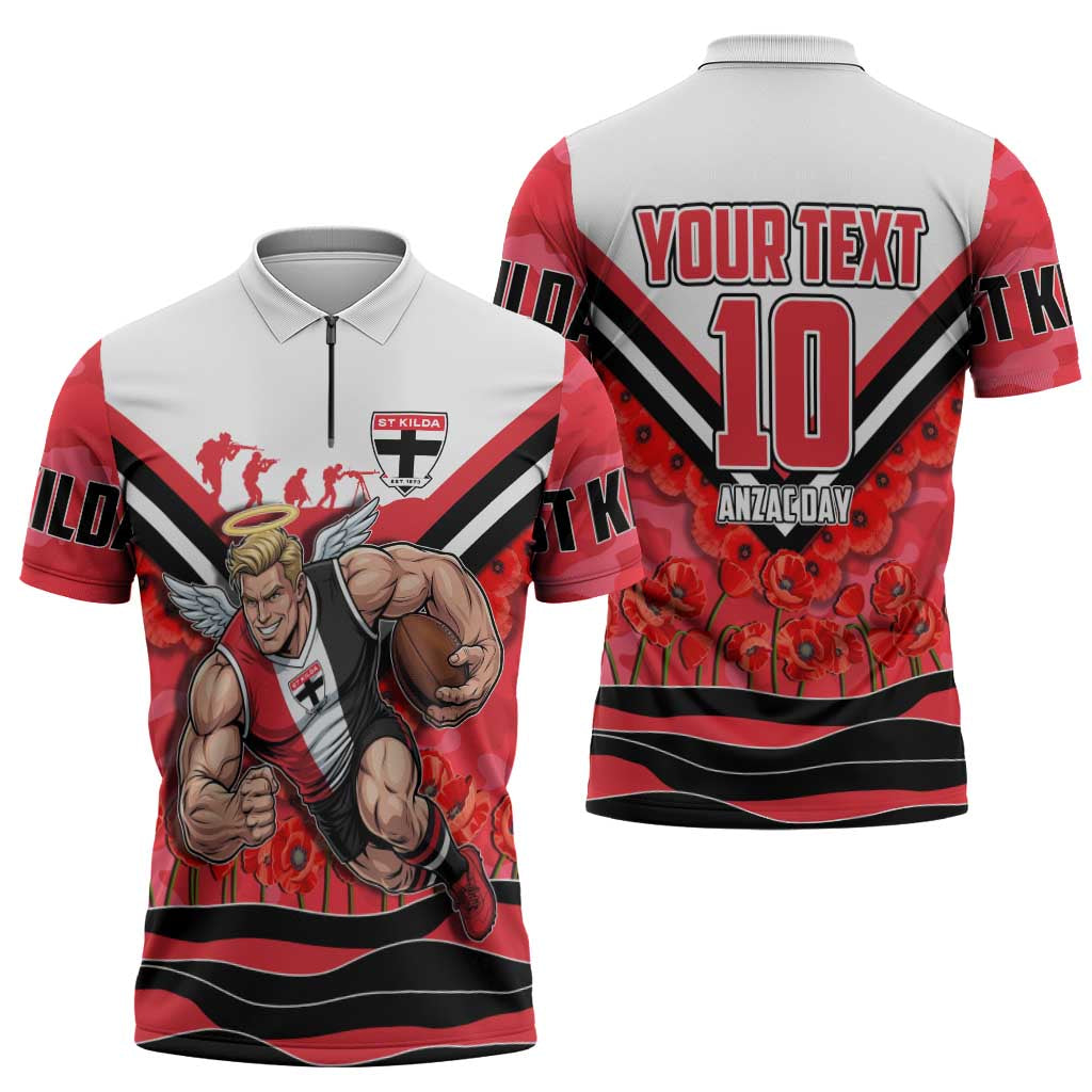 Personalised St Kilda Saints ANZAC Zipper Polo Shirt Military Remembrance Australian Football Mascot Camouflage
