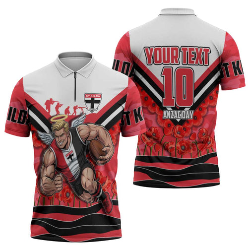 Personalised St Kilda Saints ANZAC Zipper Polo Shirt Military Remembrance Australian Football Mascot Camouflage
