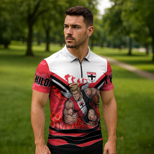 Personalised St Kilda Saints ANZAC Zipper Polo Shirt Military Remembrance Australian Football Mascot Camouflage