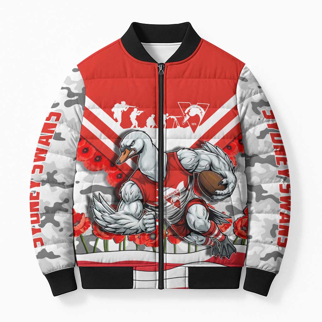 Personalised Sydney Swans ANZAC Bomber Puffer Jacket Military Remembrance Australian Football Mascot Camouflage