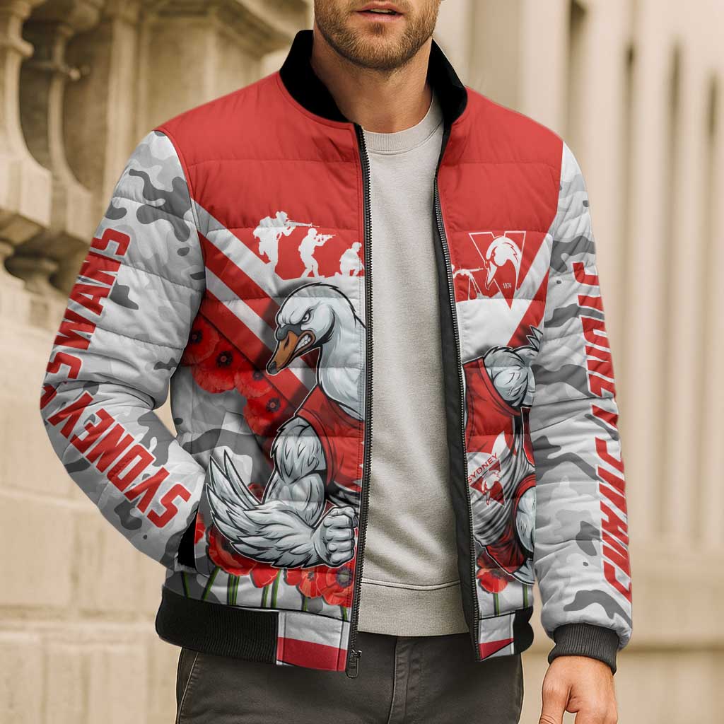 Personalised Sydney Swans ANZAC Bomber Puffer Jacket Military Remembrance Australian Football Mascot Camouflage