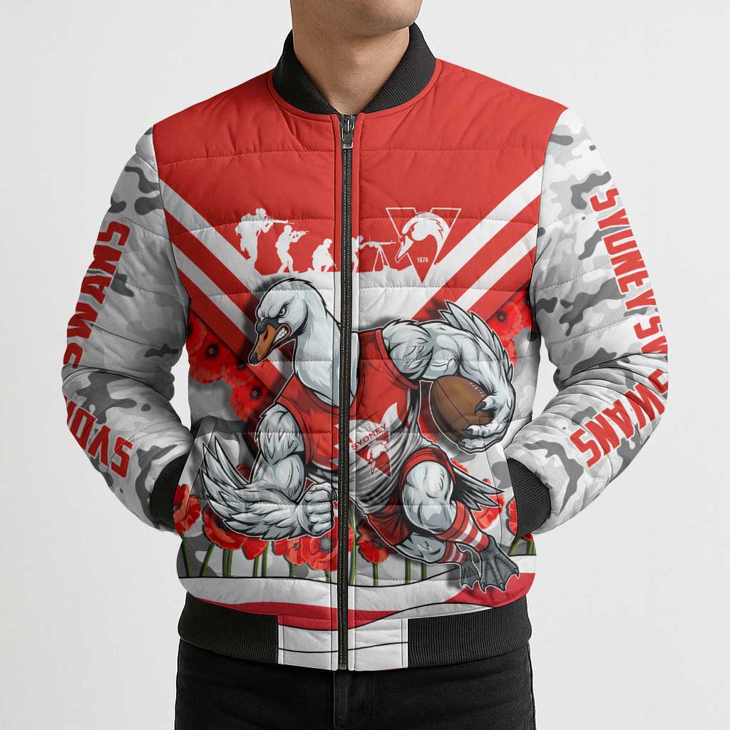 Personalised Sydney Swans ANZAC Bomber Puffer Jacket Military Remembrance Australian Football Mascot Camouflage