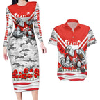 Personalised Sydney Swans ANZAC Couples Matching Long Sleeve Bodycon Dress and Hawaiian Shirt Military Remembrance Australian Football Mascot Camouflage