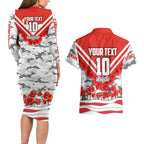 Personalised Sydney Swans ANZAC Couples Matching Long Sleeve Bodycon Dress and Hawaiian Shirt Military Remembrance Australian Football Mascot Camouflage