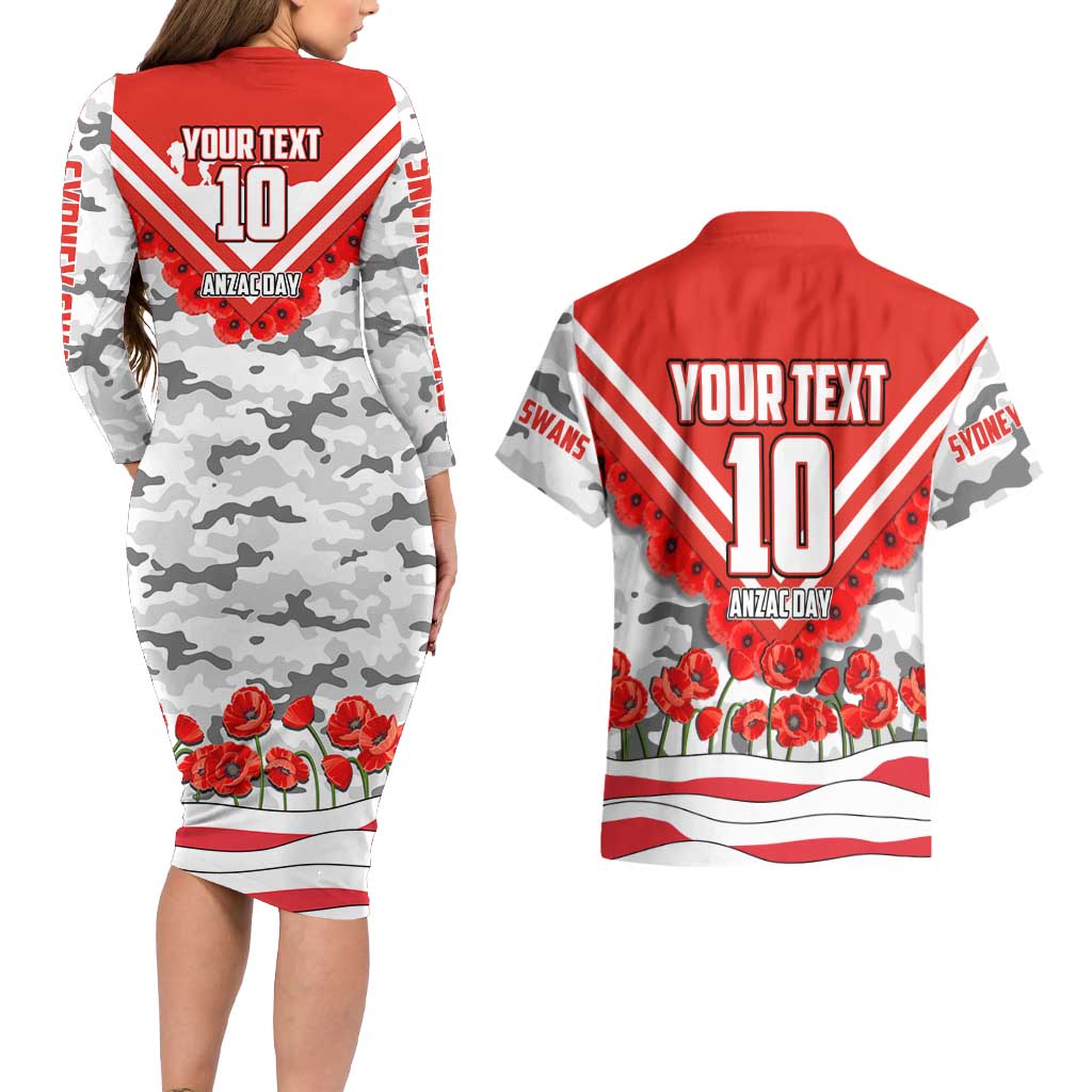 Personalised Sydney Swans ANZAC Couples Matching Long Sleeve Bodycon Dress and Hawaiian Shirt Military Remembrance Australian Football Mascot Camouflage
